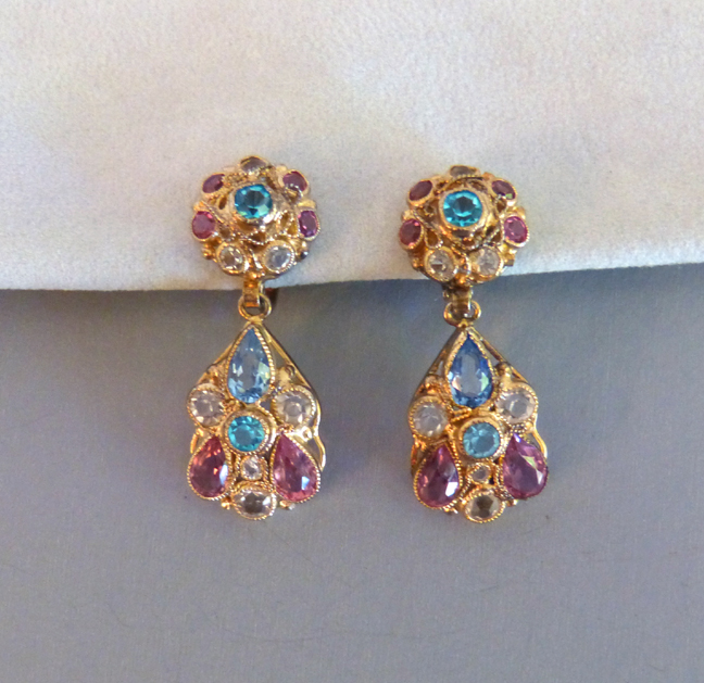 HOBE pendant earrings with unfoiled aqua blue, pink and clear rhinestones set in hand wrought and gold plated filigree