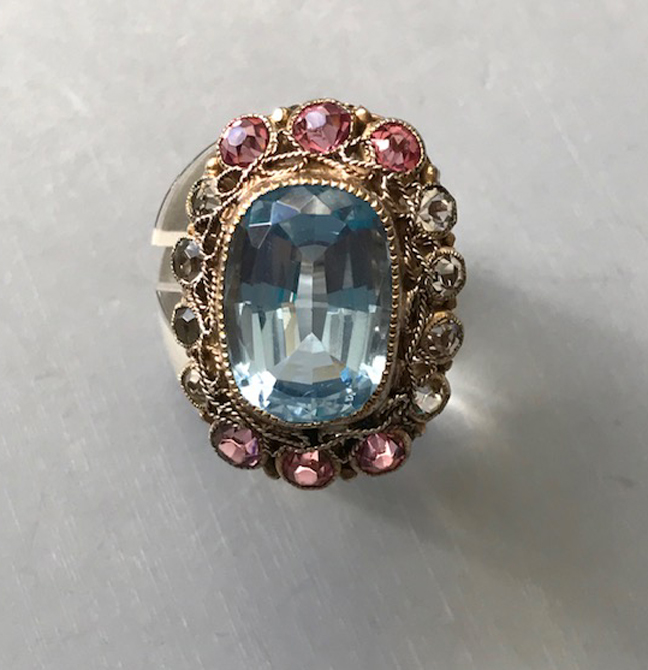 HOBE ring with brilliant pastel blue, pink and clear unfoiled rhinestones in a hand wrought gold plated sterling silver filigree setting