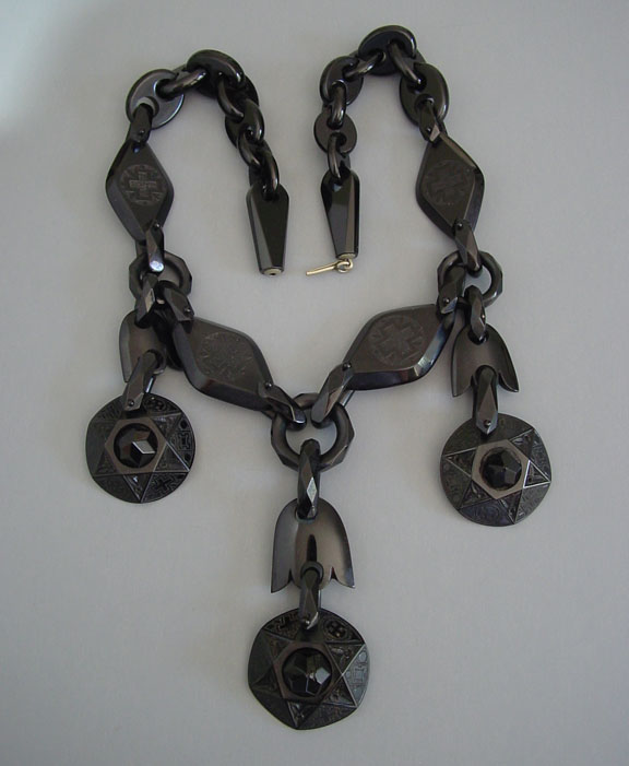 VICTORIAN antique Whitby jet necklace that was hand carved with decorated links and stations, a one-of-a-kind piece