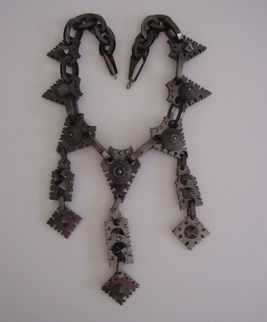 VICTORIAN antique Whitby jet hand carved necklace, a very intricate geometric design, pierced edging