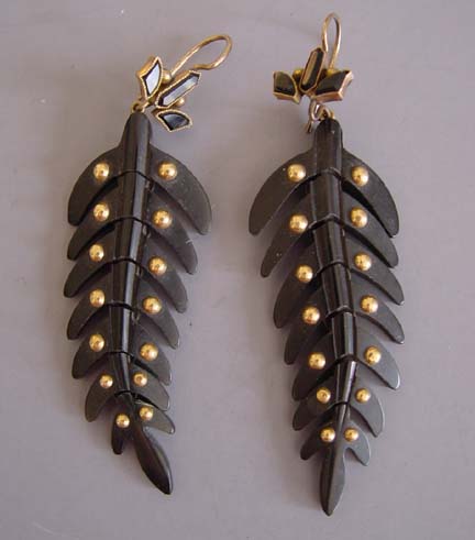VICTORIAN antique vulcanite fern-shaped articulated earrings with gold dots down each side
