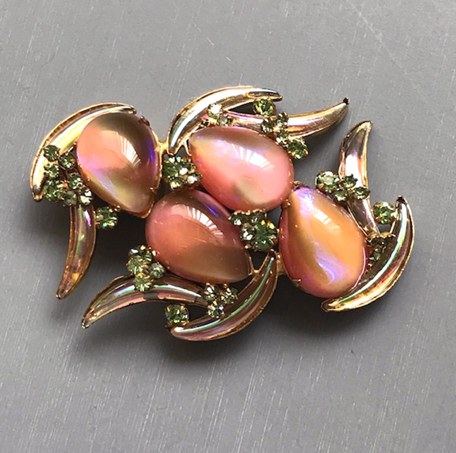 HOBE brooch with iridescent peach colored glass cabochons, interesting crescent shaped stones and celery green rhinestones