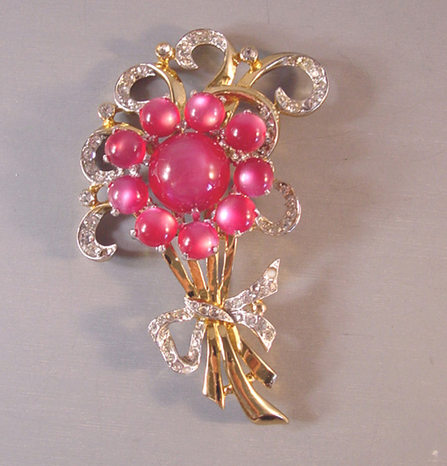 CORO flower brooch with pink moon glow cabochons flower and clear rhinestones
