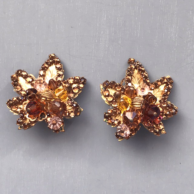 EUGENE leaf shaped earrings with a cluster of  lovely faceted glass amber and topaz colored beads and rose montee rhinestones