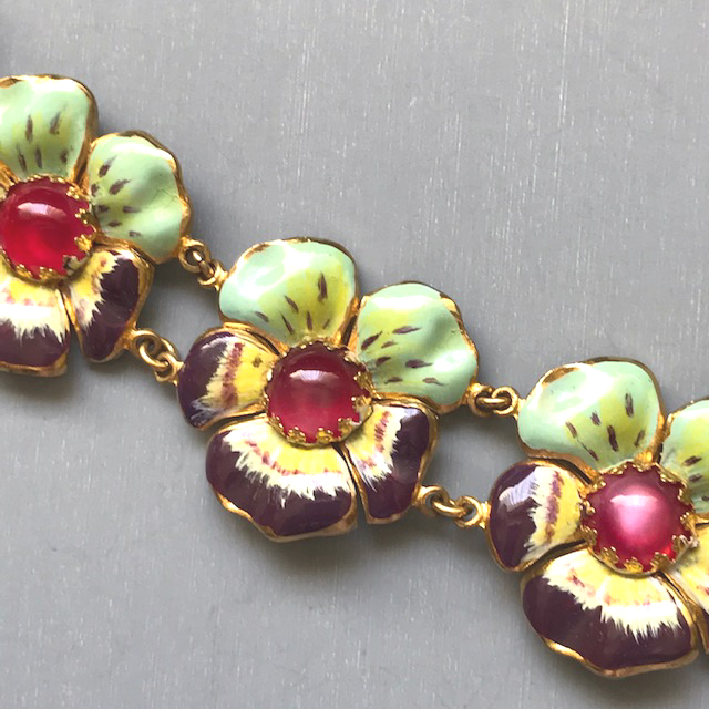 ENAMEL rare pansy flowers bracelet with rose colored glass cabochon centers and purple, green and yellow enameled flowers on gold plated metal