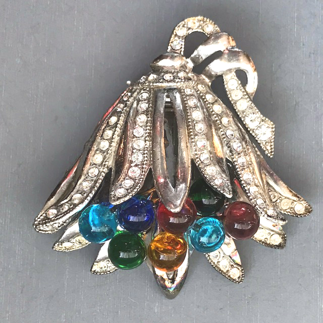 COLORFUL flower blossom cornucopia dress clip of colorful round glass bead stamen in a silver tone setting