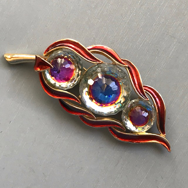 VENDOME rainbow brooch with unusual domed and faceted aurora borealis crystal balls and burgundy colored enamel on a gold plated setting