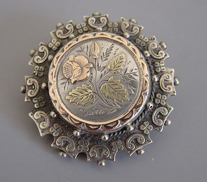 VICTORIAN sweetheart rose flower locket brooch, an antique sterling silver, rose- and yellow-gold brooch with magnificent detail