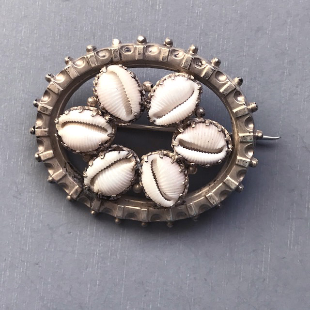 VICTORIAN antique silver brooch with tiny prong-set genuine seashells surrounded by a lovely and detailed dental and beaded edge