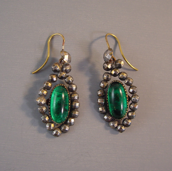 VICTORIAN or earlier antique  cut steel and green foiled glass cabochons drop earrings, very old