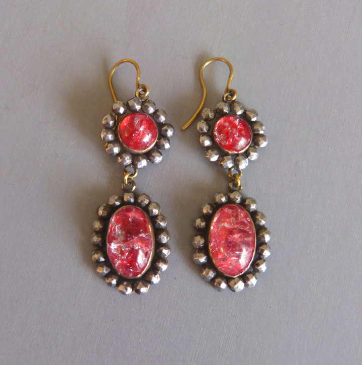 VICTORIAN or earlier antique cut steel drop earrings with foil backed red tinted glass cabochon centers