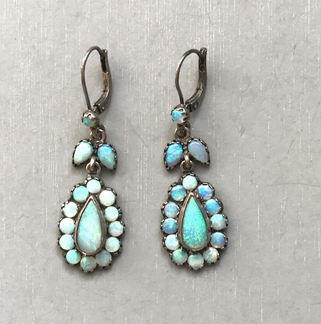 VICTORIAN antique opal-like glass earrings set in sterling silver and with wonderful coloring