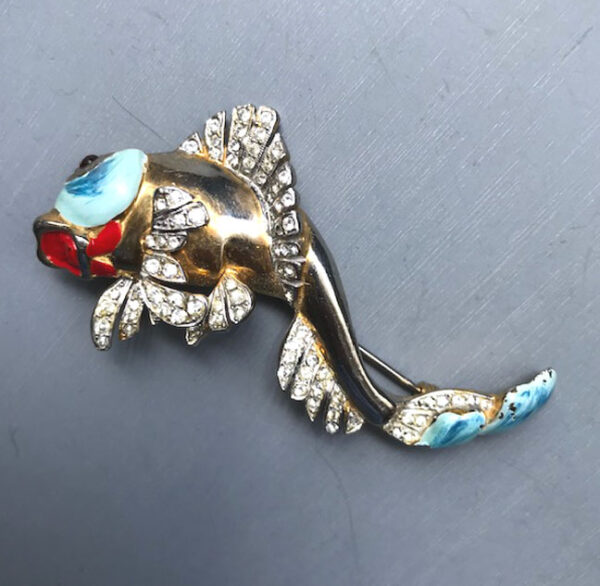 FISH enameled fish brooch two-tone aqua enameled face and tail and red lips with clear rhinestone accents