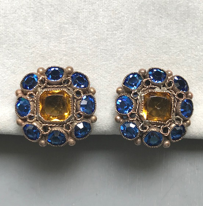 SANDOR blue and yellow rhinestone earrings in a copper colored wire filigree setting