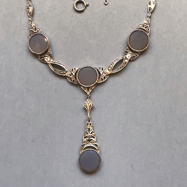 GERMAN translucent gray chalcedony and marcasite necklace in sterling silver