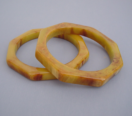 BAKELITE swamp green and caramel brown marbled and tumbled octagonal shaped bangles, a set of two