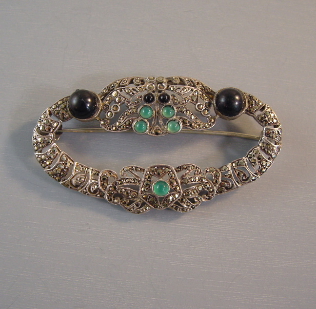 DECO sterling silver brooch with marcasites and green and black onyx cabochons