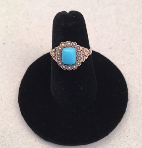VICTORIAN antique 10k turquoise ring with tiny seed pearls set around a cushion-shaped turquoise, beautifully decorated side