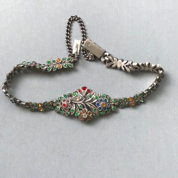 STERLING bracelet set with many tiny colored rhinestones marked "320PD TPI" or "TPK"