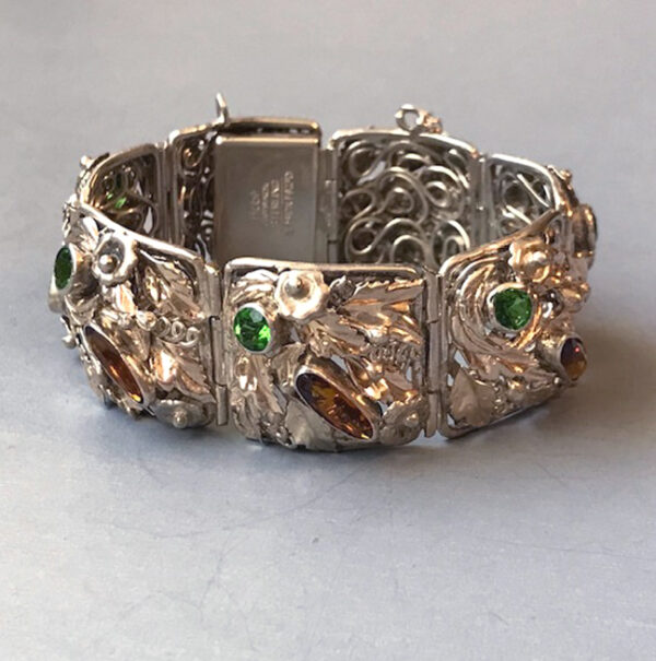 HOBE sterling silver bracelet with topaz and green color rhinestones hand wrought setting of flowers, leaves and coils