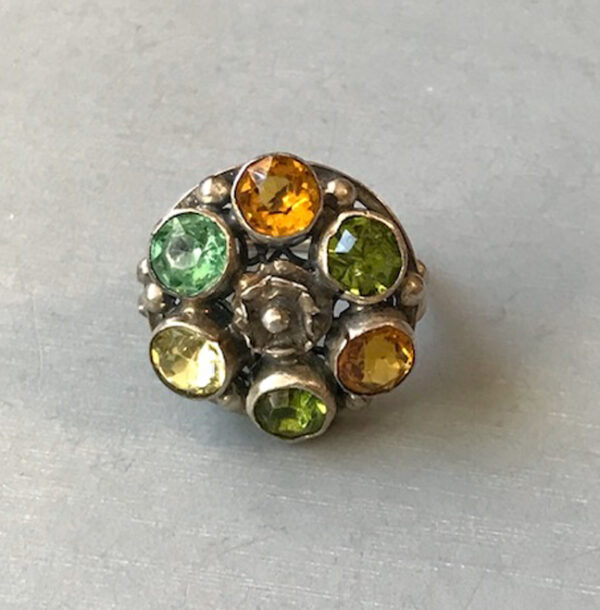 HOBE sterling silver ring with green, yellow and topaz color rhinestones with a tiny flower in the center