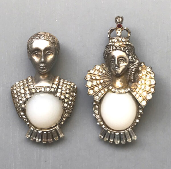 HC CARNEGIE royal Emperor and Empress king and queen fur clips with milk glass bellies and clear rhinestone accents