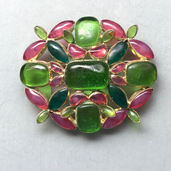 DENICOLA rare stained glass effect brooch, an exclusive Neiman Marcus brooch with poured glass transparent pink and green cells, 1962