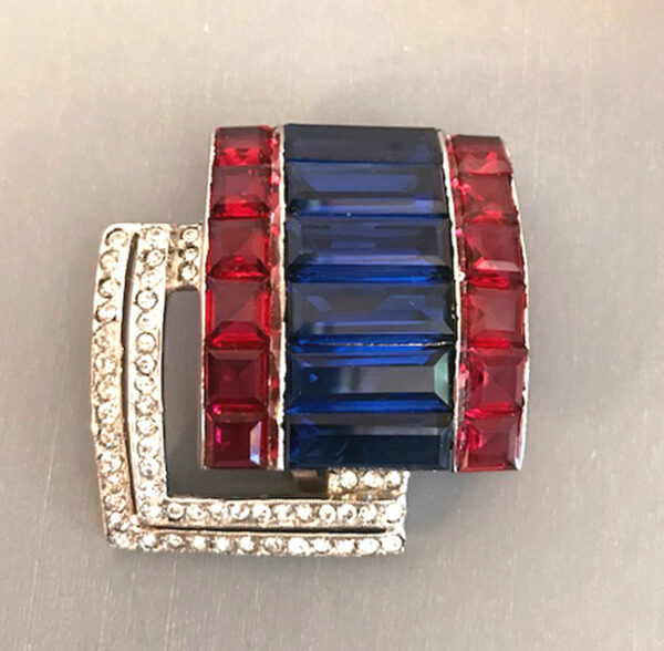DEROSA dress clip with patriotic red, clear and blue invisibly set rhinestones, a gleaming beauty, 1939