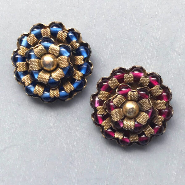 DEROSA dress clip set, one in pomegranate red and one in glowing blue, set in layered petals