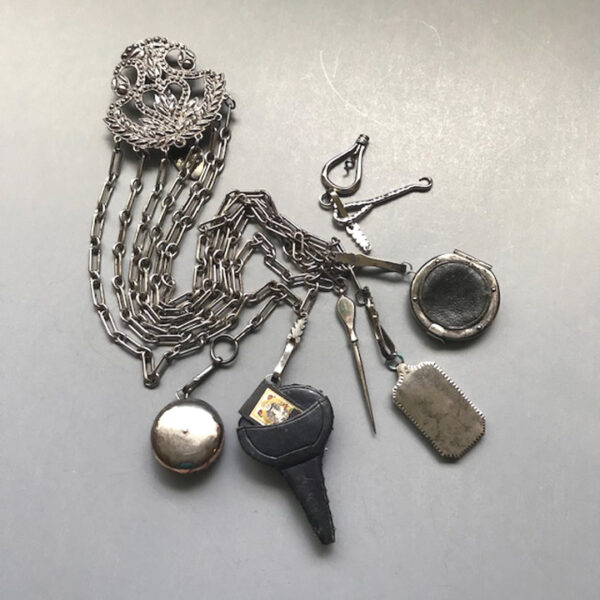 ANTIQUE early Victorian cut steel sewing chatelaine with 7 implements
