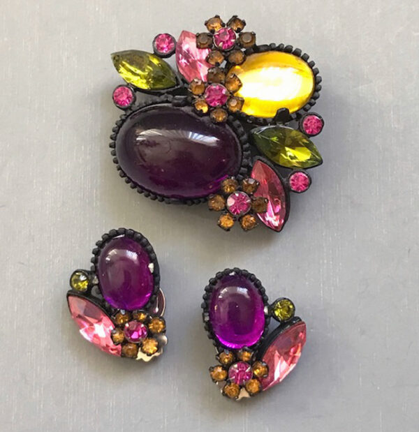 COLORFUL purple and golden glass cabochons brooch and earrings with pink, green and yellow rhinestones