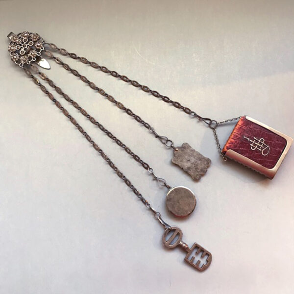 ANTIQUE Victorian cut steel chatelaine and tools including a wonderful British Book of Prayer