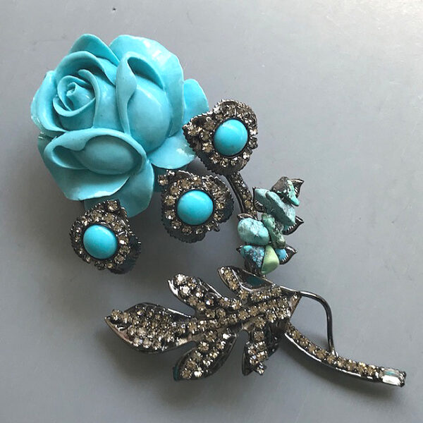 LARRY VRBA aqua rose flower brooch with aqua cabochons in a clear rhinestone halo