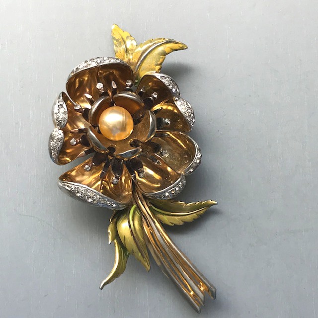 DEROSA rare and dramatic large open rose flower fur clip with five cupped petals and the center of a single glass pearl