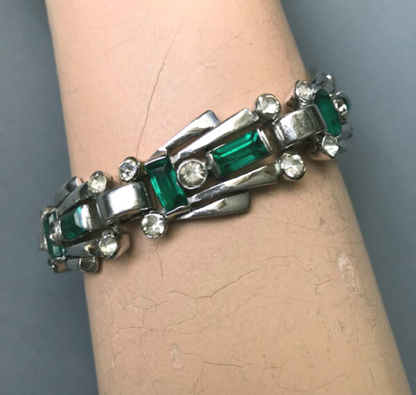 DEROSA sparkling emerald green baguettes and clear rhinestones bracelet set in sterling silver