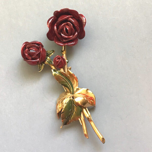 DEROSA large and rare red enameled roses fur clip in a rich wine red with the beautiful translucent green enameled leaves, 5"
