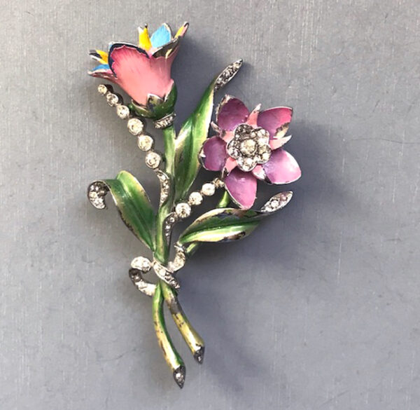 MAZER colorful enameled flower bouquet brooch in pink, lavender, yellow, green and blue with clear rhinestones
