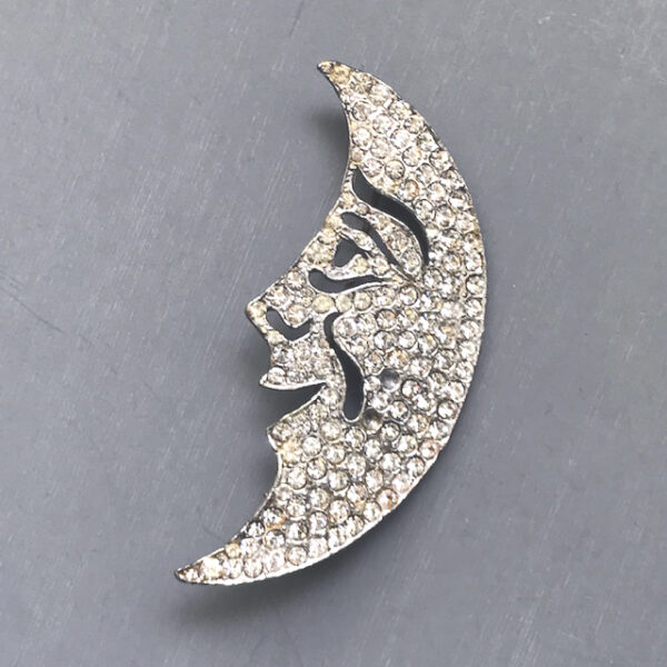 CRESCENT man in the moon brooch with clear rhinestone, big smile!