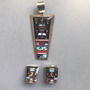 JIM HARRISON Native American Navajo Yei Bi Chei sterling silver multi-stone inlay pendant and earrings