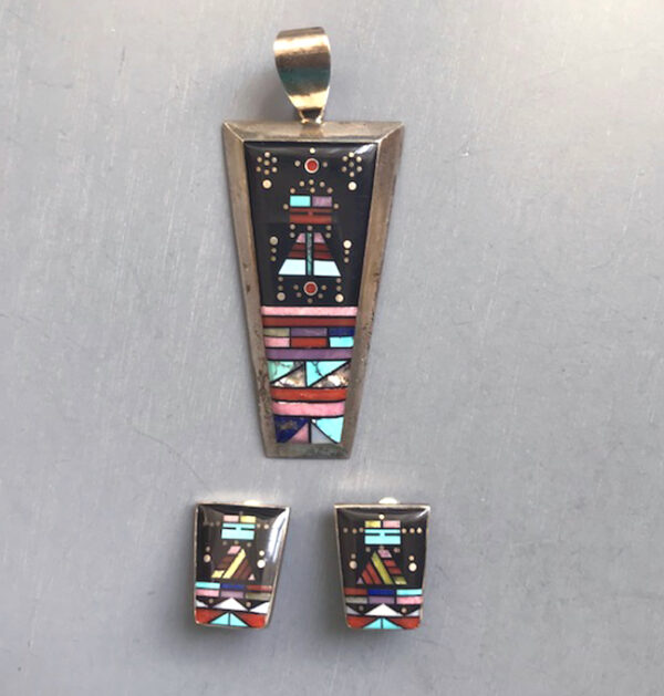 JIM HARRISON Native American Navajo Yei Bi Chei sterling silver multi-stone inlay pendant and earrings
