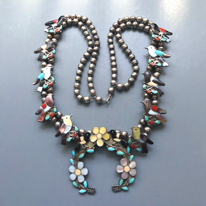 ELLA L GIA Native American Zuni birds and flowers inlay channel squash blossom necklace with jet, turquoise and more