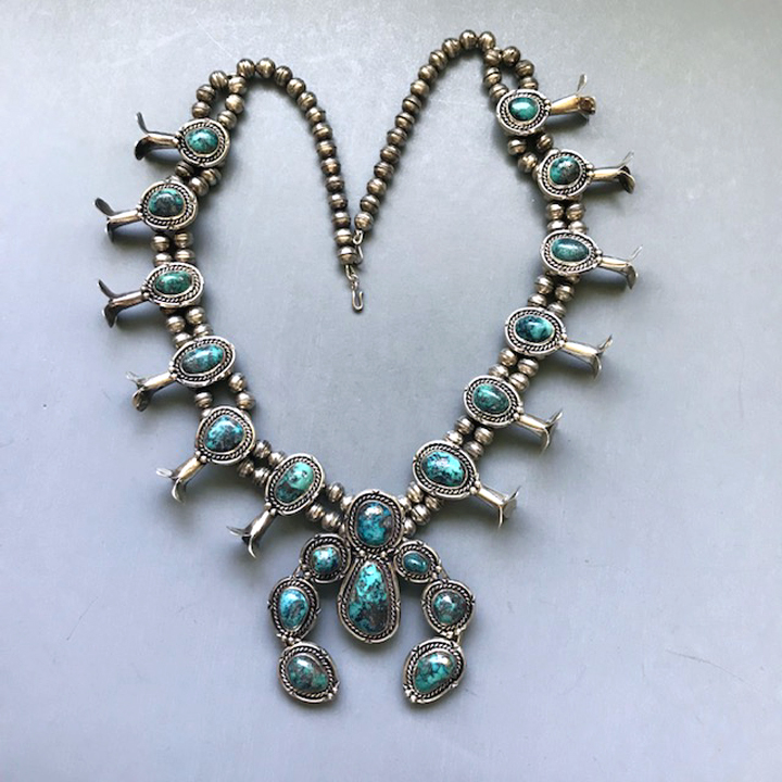 KINGMAN TURQUOISE Native American Navajo sterling silver squash blossom necklace, beautiful matrix