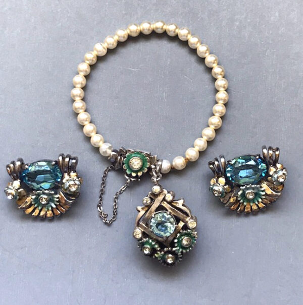 DEROSA unusual aqua rhinestone set of a bracelet and two matching pins