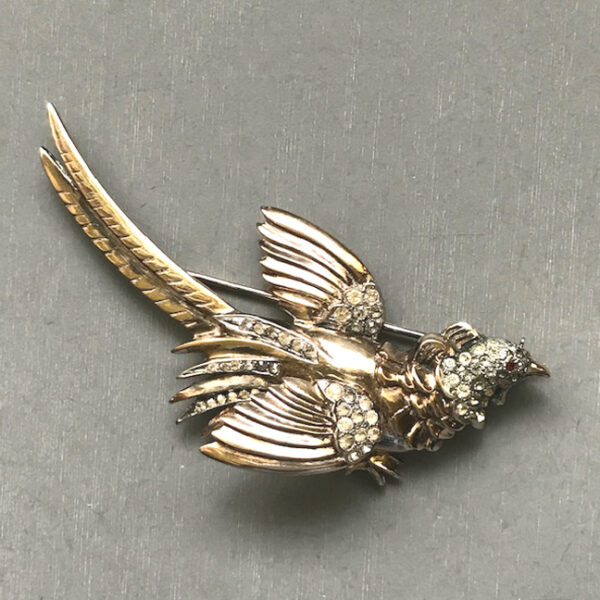 DEROSA partridge bird brooch with clear rhinestones in a gold plated sterling silver setting