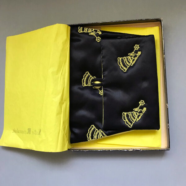 NETTIE ROSENSTEIN satin jewelry pouch in it's cardboard box with original tissue paper, amazing to have all of this