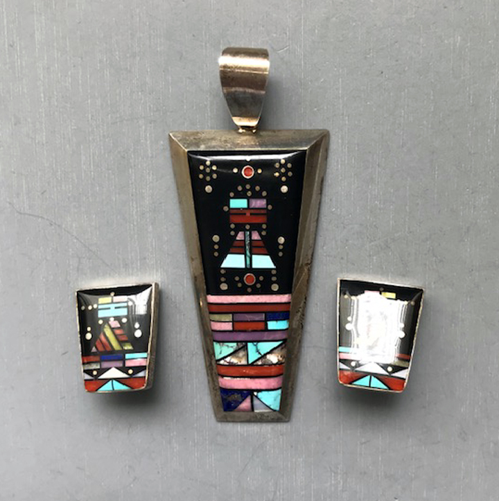 JIM HARRISON Native American Navajo sterling silver multi-stone inlay pendant and earrings