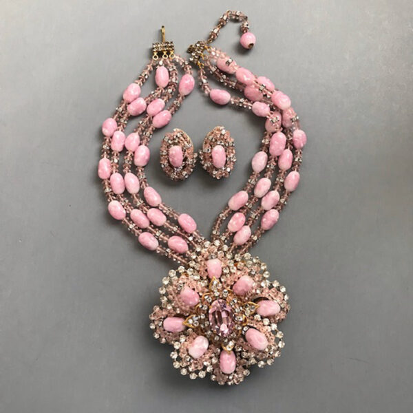 LARRY VRBA set, a sparkling pink necklace/brooch combination with matching earrings featuring pink glass beads, transparent pink glass faceted spacer beads