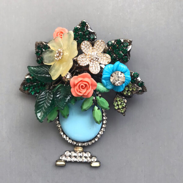 LARRY VRBA aqua glass basket or vase brooch with a wonderful bouquet of several styles of flowers