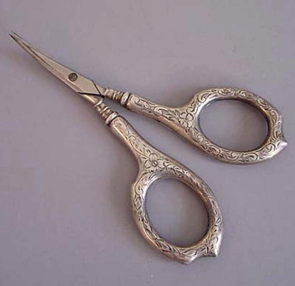 STERLING silver handled antique fingernail scissors with etched flowers and scrolls designs