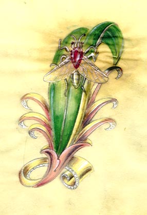 DEROSA fly or bee fur clip with a rose red rhinestone body and clear rhinestones, gold plated sterling silver - Image 6